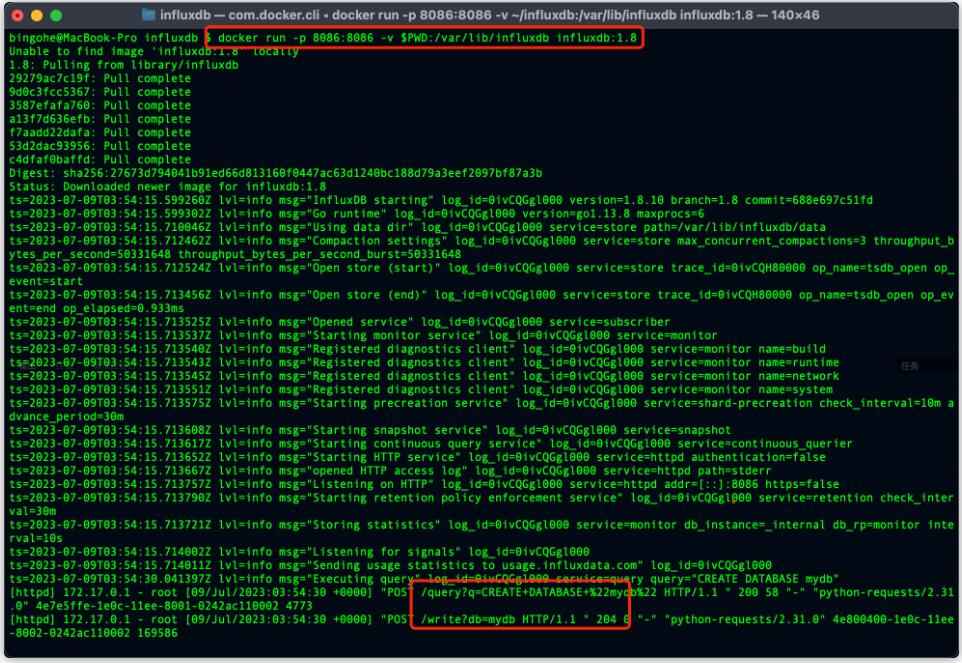 在這個(gè)示例中，我們首先連接到InfluxDB（類似于連接到MySQL數(shù)據(jù)庫(kù)），然后創(chuàng)建一個(gè)名為mydb的數(shù)據(jù)庫(kù)（類似于在MySQL中創(chuàng)建一個(gè)新的數(shù)據(jù)庫(kù)），并切換到創(chuàng)建的數(shù)據(jù)庫(kù)（類似于在MySQL中選擇一個(gè)數(shù)據(jù)庫(kù)）。接著，我們準(zhǔn)備了一條名為cpu_load的數(shù)據(jù)（在InfluxDB中，measurement相當(dāng)于MySQL中的表名），并為數(shù)據(jù)添加了host和region標(biāo)簽（類似于MySQL中的索引列）。最后，我們將數(shù)據(jù)寫入到InfluxDB中（類似于在MySQL中執(zhí)行INSERT語(yǔ)句）。  執(zhí)行上面的代碼后我們可以看到我們的操作成功了： 圖3